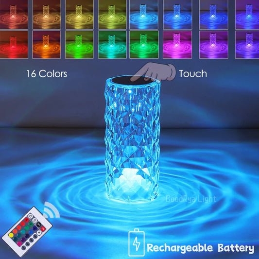 Rechargeable LED Crystal Table Lamp - Multi-Color, Touch & Remote Control